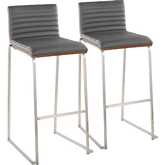 Mason Mara 30" Bar Stool in Stainless Steel, Walnut Wood & Grey Leatherette (Set of 2)